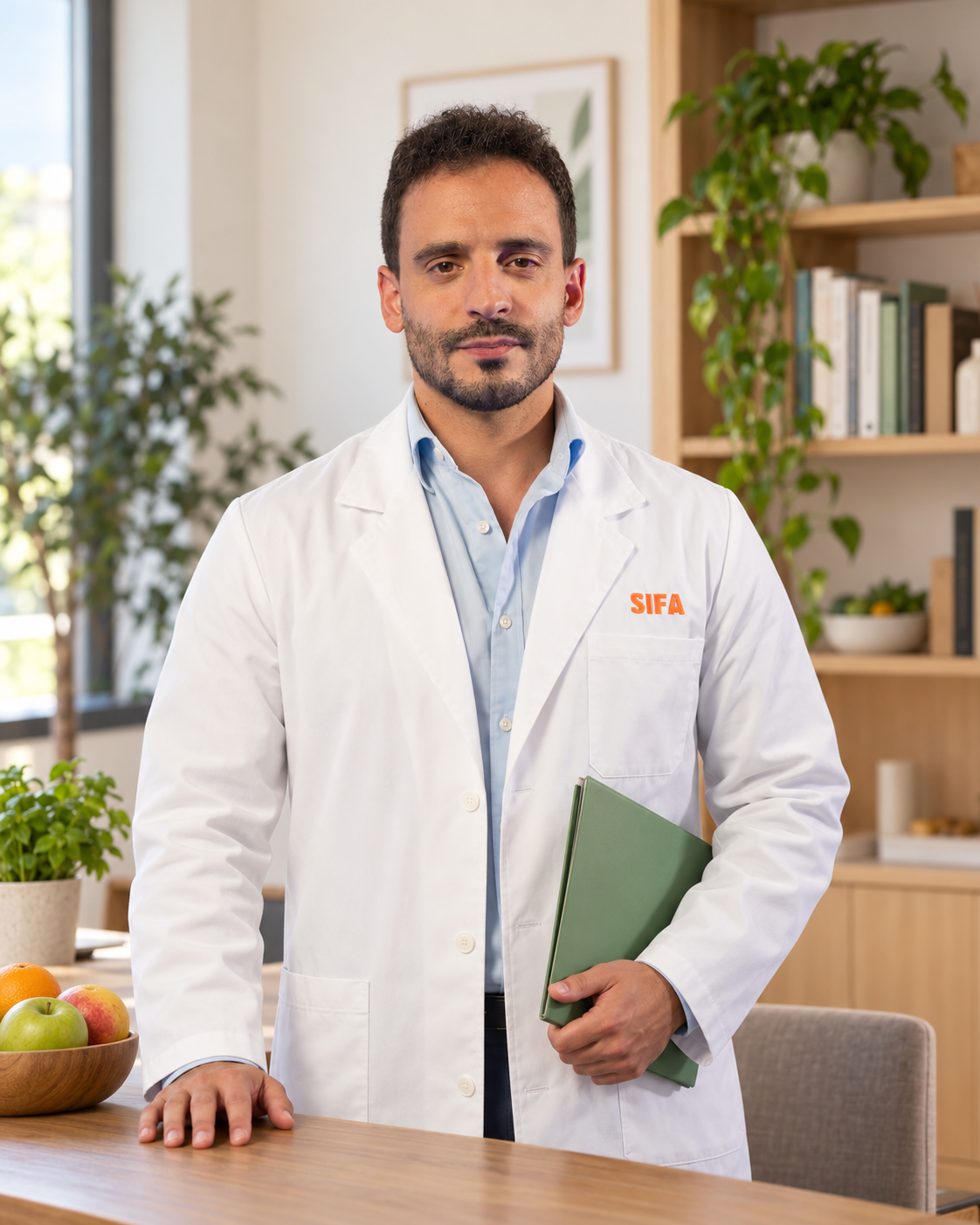 Fabrizio D’Agostino in piedi con cartellina, in un’ambientazione illustrativa di studio nutrizionale
